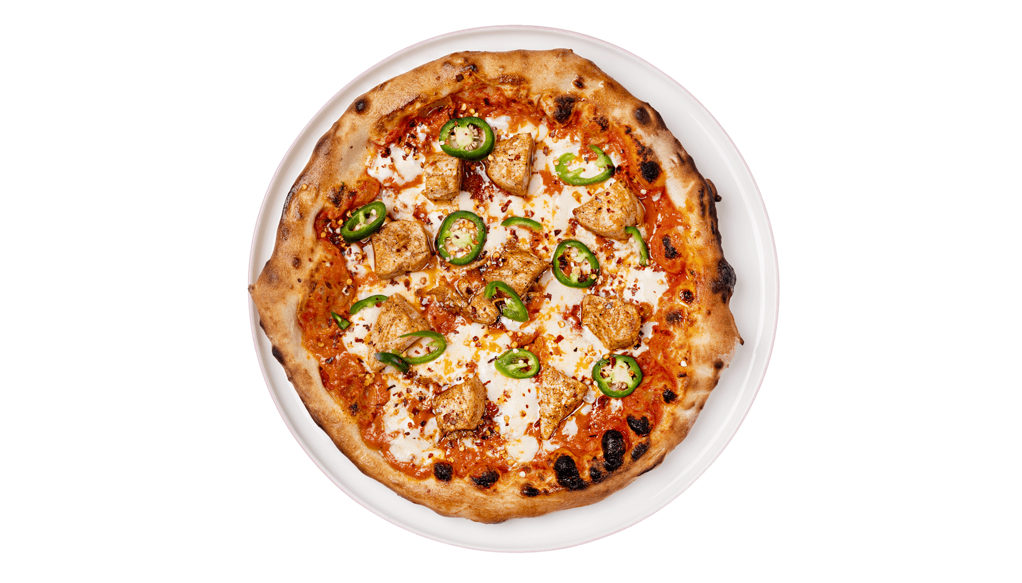 Funky Chicken Pizza mit Vodka Sauce und Jalapeños bei TAMTAM Hamburg